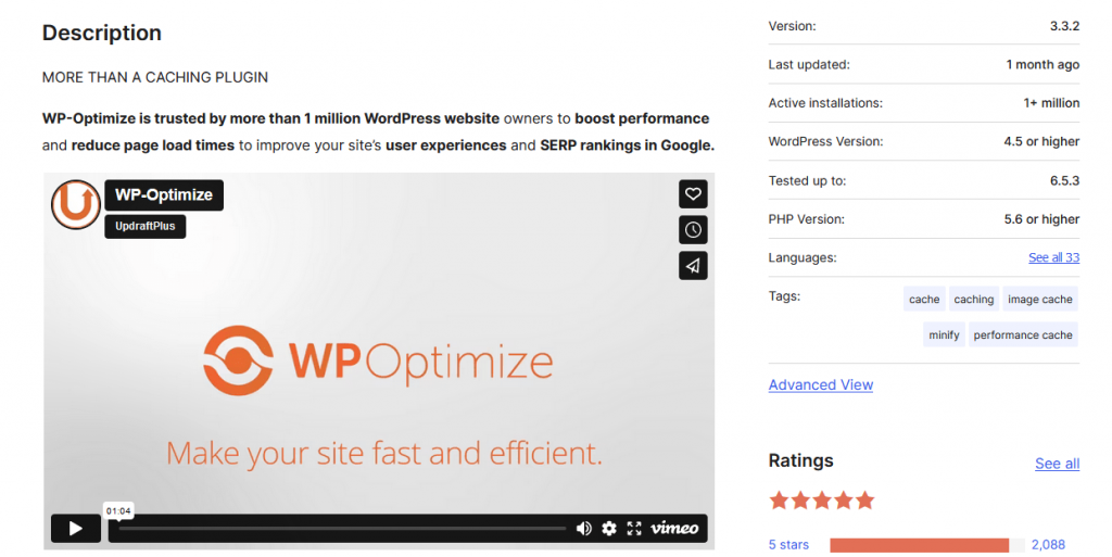 WP-Optimize Plugin, wordpress plugin